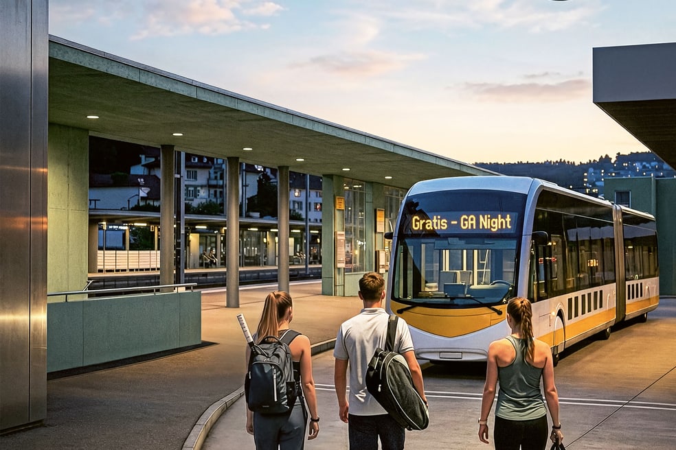 3 Personen mit Sportsachen gehen zum Bus