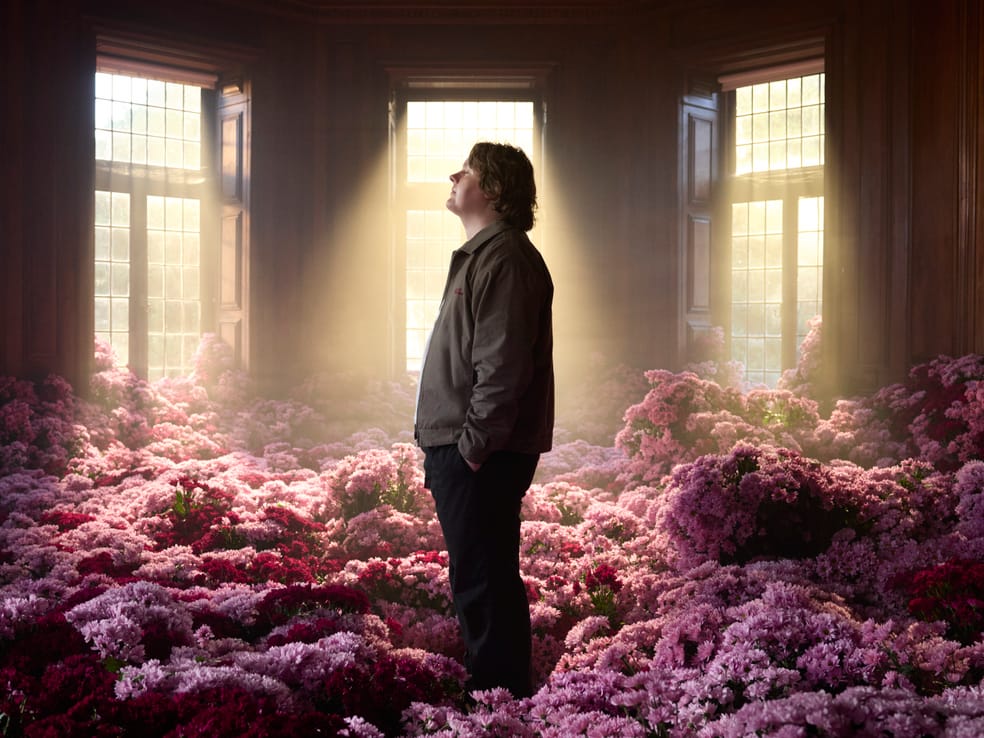Person steht in einem Raum voller pinker Blumen mit Sonnenstrahlen durch Fenster.