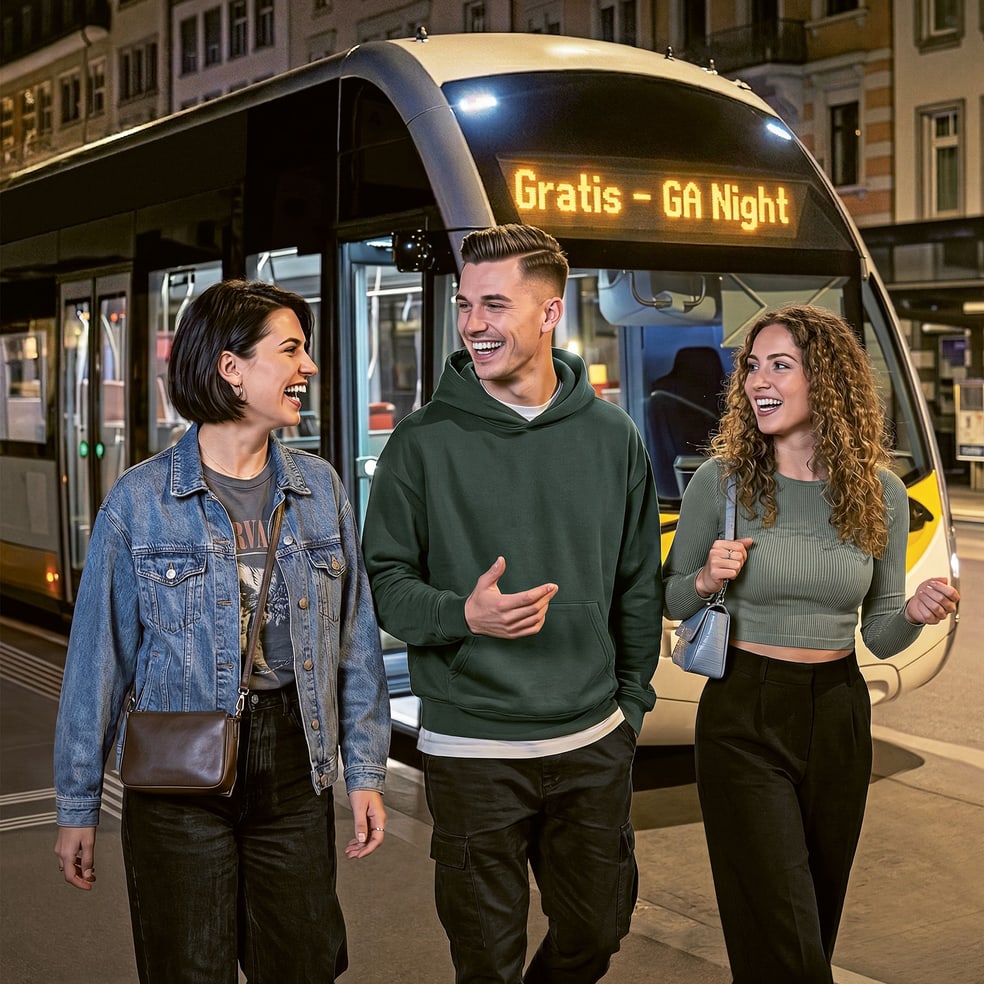 3 Personen steigen aus dem Bus aus und gehen in den Ausgang