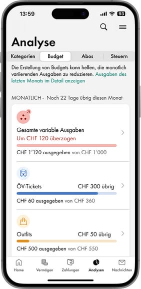 Mobile Banking App der Schaffhauser Kantonalbank – Ansicht Finanzassistent Bereich Budget