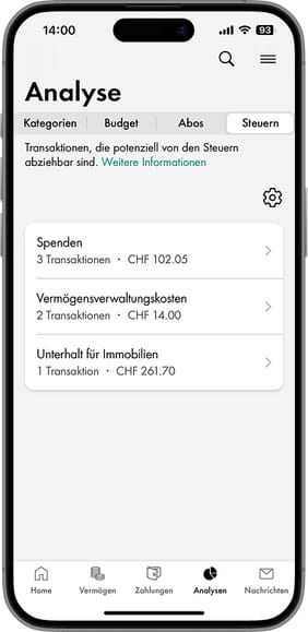 Mobile Banking App der Schaffhauser Kantonalbank – Ansicht Finanzassistent Bereich Steuern