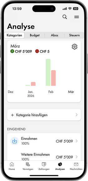Mobile Banking App der Schaffhauser Kantonalbank – Ansicht Finanzassistent Bereich Kategorien
