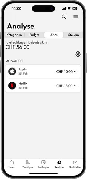 Mobile Banking App der Schaffhauser Kantonalbank – Ansicht Finanzassistent Bereich Abos