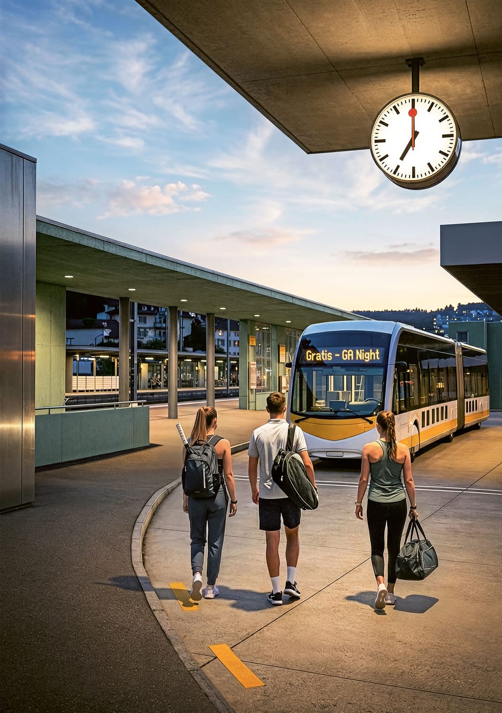 3 Personen mit Sportsachen gehen zum Bus